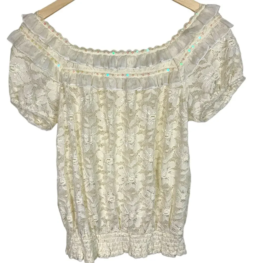 AMERICAN RAG Women L Ivory Floral Lace Sequin Trim Peasant Smocked Top - Picture 2 of 10